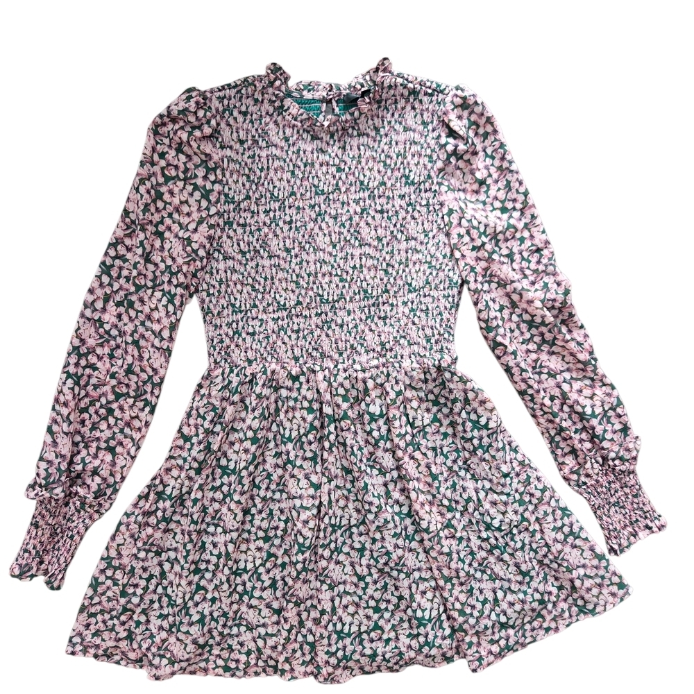 Lulus Floral Forever Green Pink Floral Fairy Cottage Smocked Skater Dress M